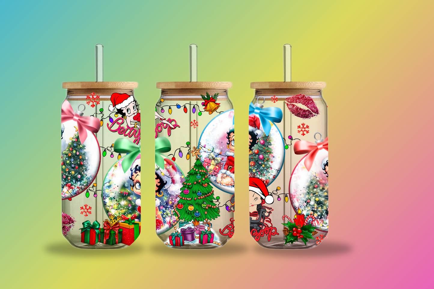 Christmas glass tumbler with straw